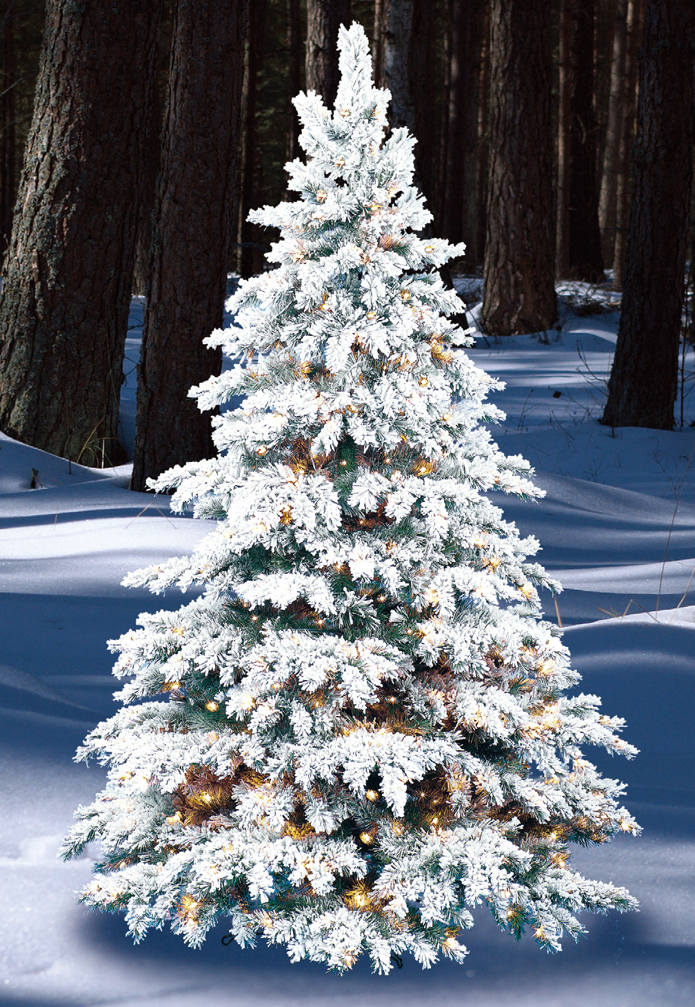 Flocked Silvertip Christmas Tree - Warm White LED Lights - One-Plug Pole - 7ft Tall - Commercial Christmas Display