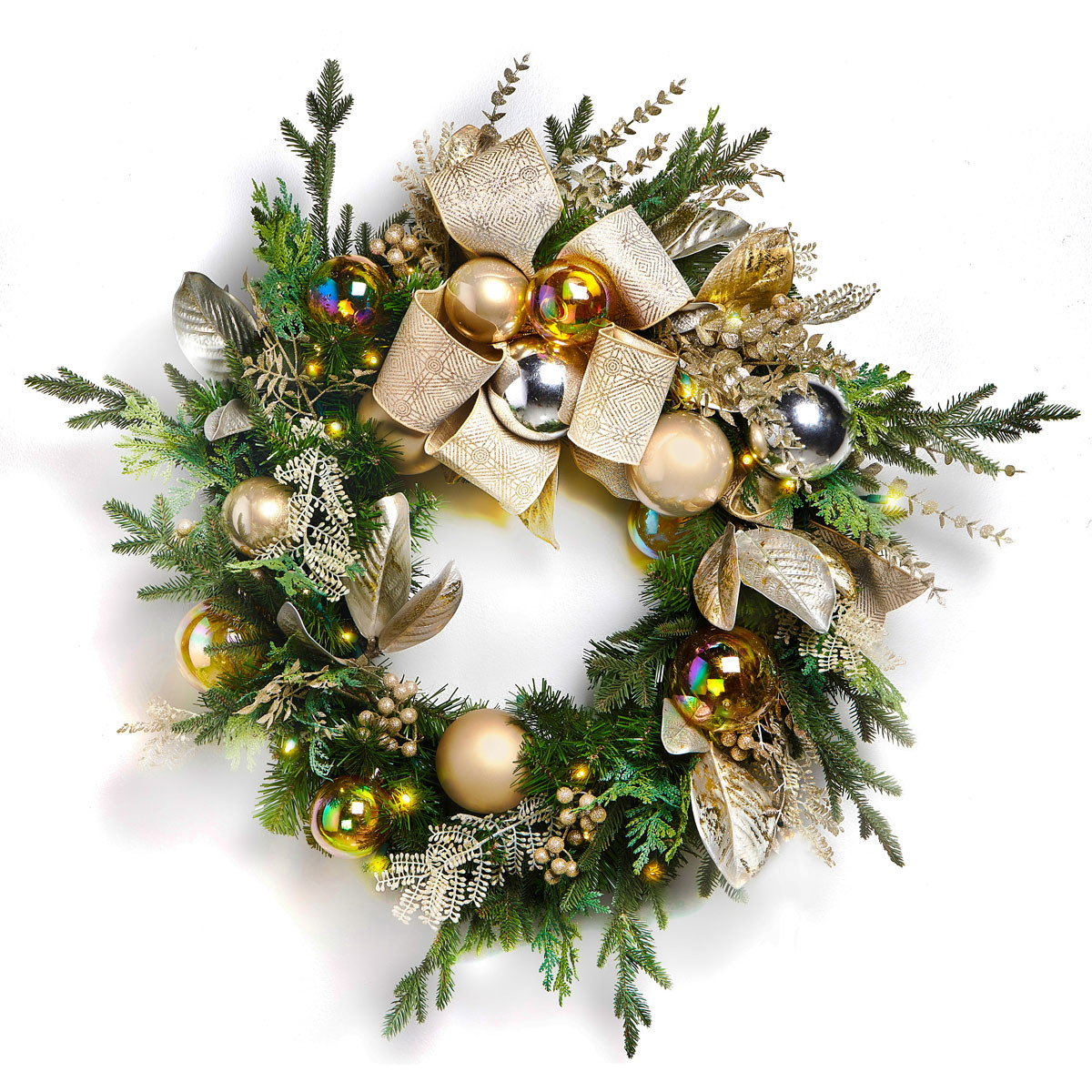 Wreath 36" Pre-Decorated Metallic Gold, Champagne and Silver w/LED Minis - Case of 2