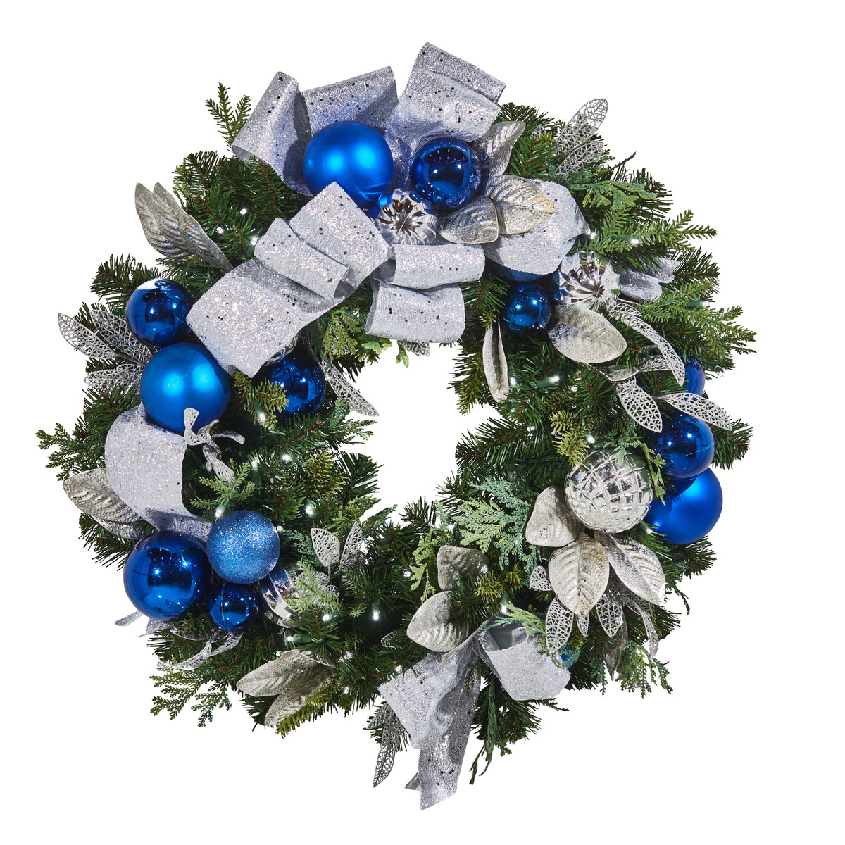 Wreath 48" Pre-Decorated Blue and Silver w/LED Minis